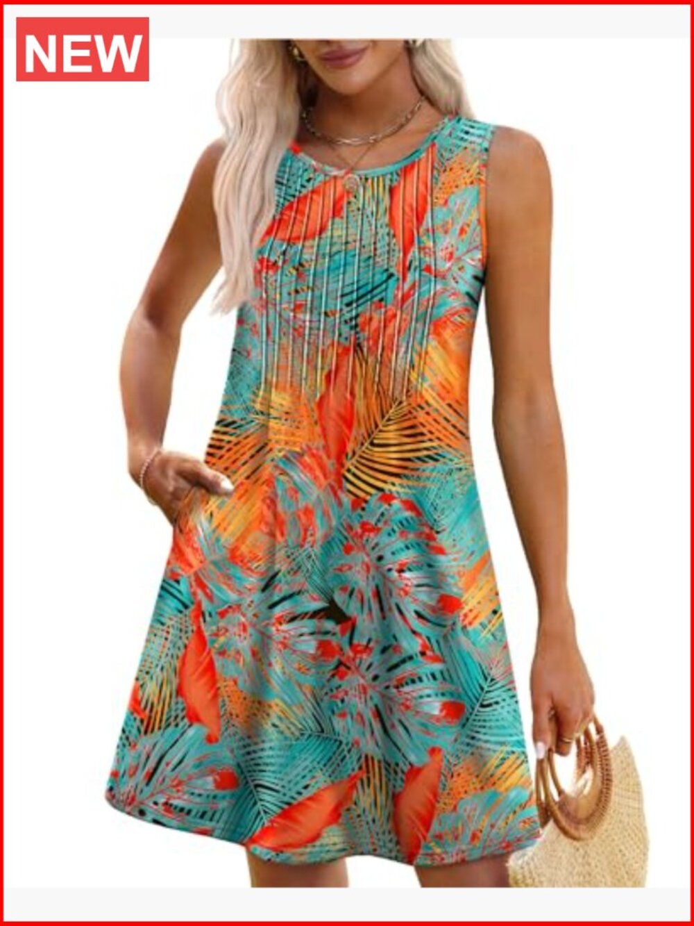 Tropical Print Sleeveless Shift Dress in Teal & Orange - Picture 2 of 6